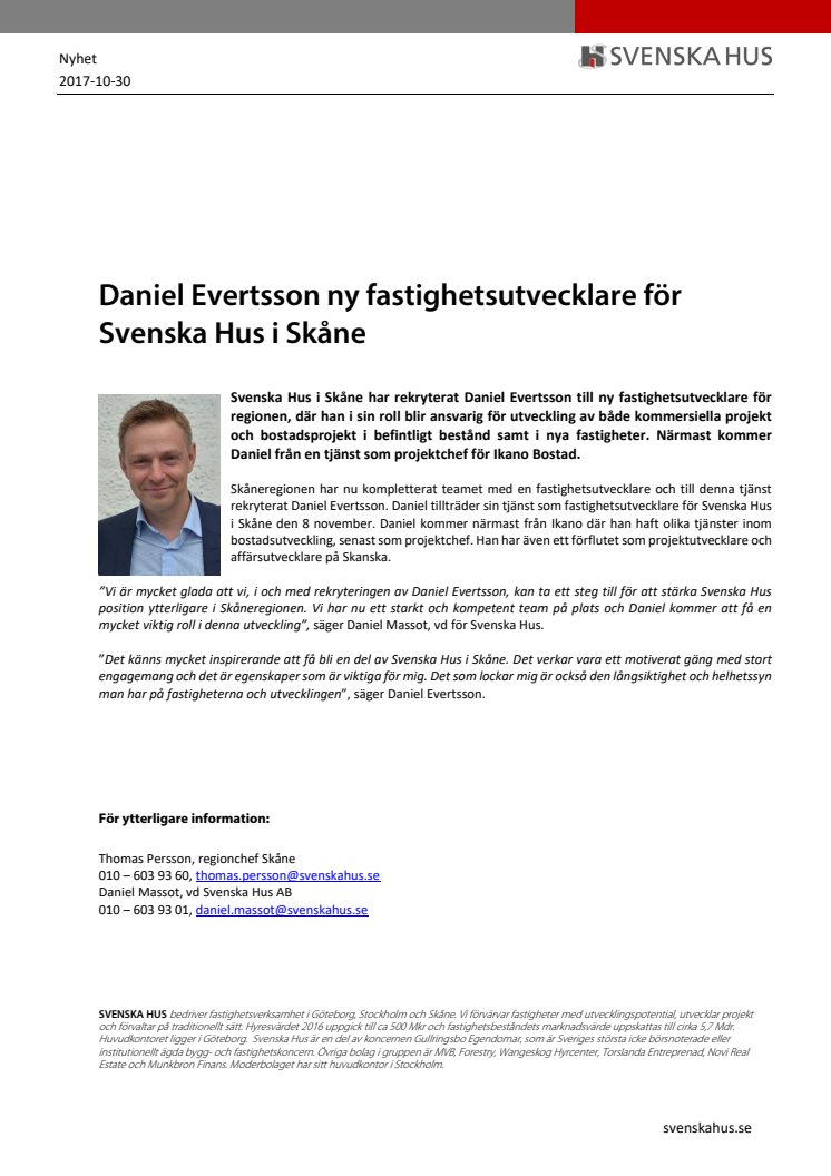 Daniel Evertsson ny fastighetsutvecklare för Svenska Hus i Skåne