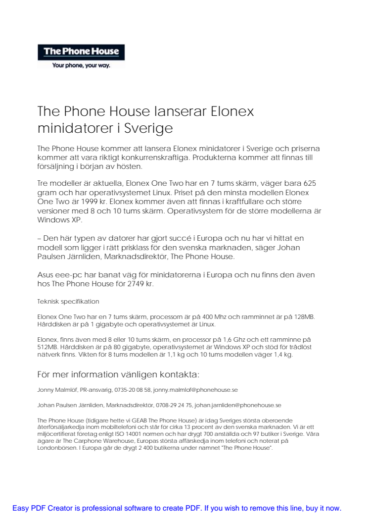 The Phone House lanserar Elonex minidatorer i Sverige
