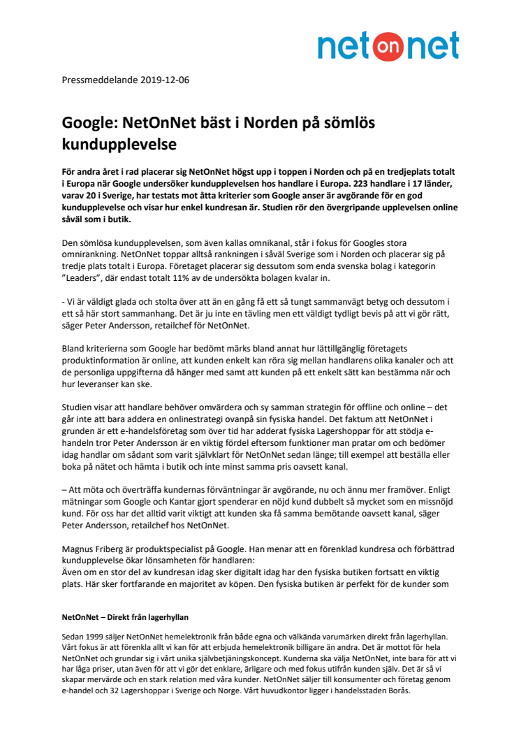 Google: NetOnNet bäst i Norden på sömlös kundupplevelse