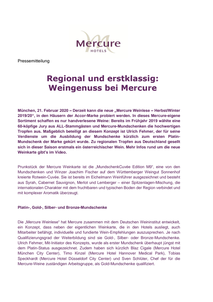 Regional und erstklassig: Weingenuss bei Mercure 