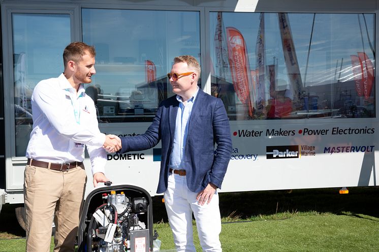 Hi-res image - Fischer Panda UK - Fischer Panda UK’s Marketing Director, Chris Fower, and Fairline’s Design and Engineering Director, Wayne Huntley, at Southampton Boat Show