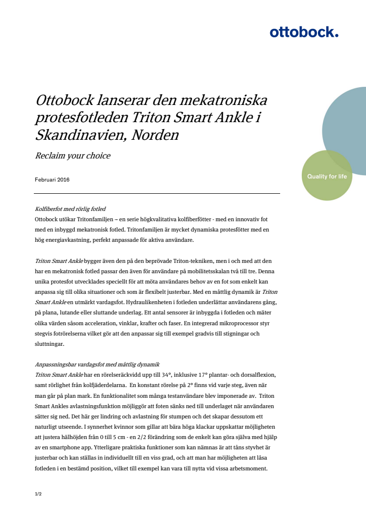Ottobock lanserar protesfotleden Triton Smart Ankle  i Skandinavien, Norden 