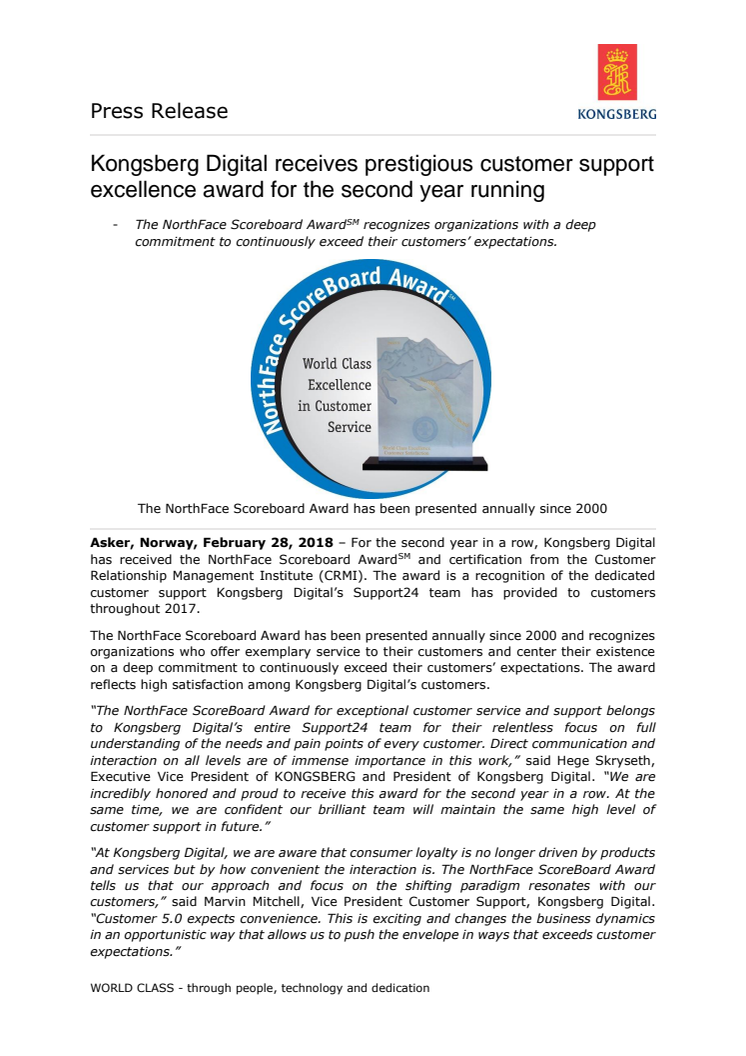 Kongsberg Digital receives prestigious customer support excellence award for the second year running