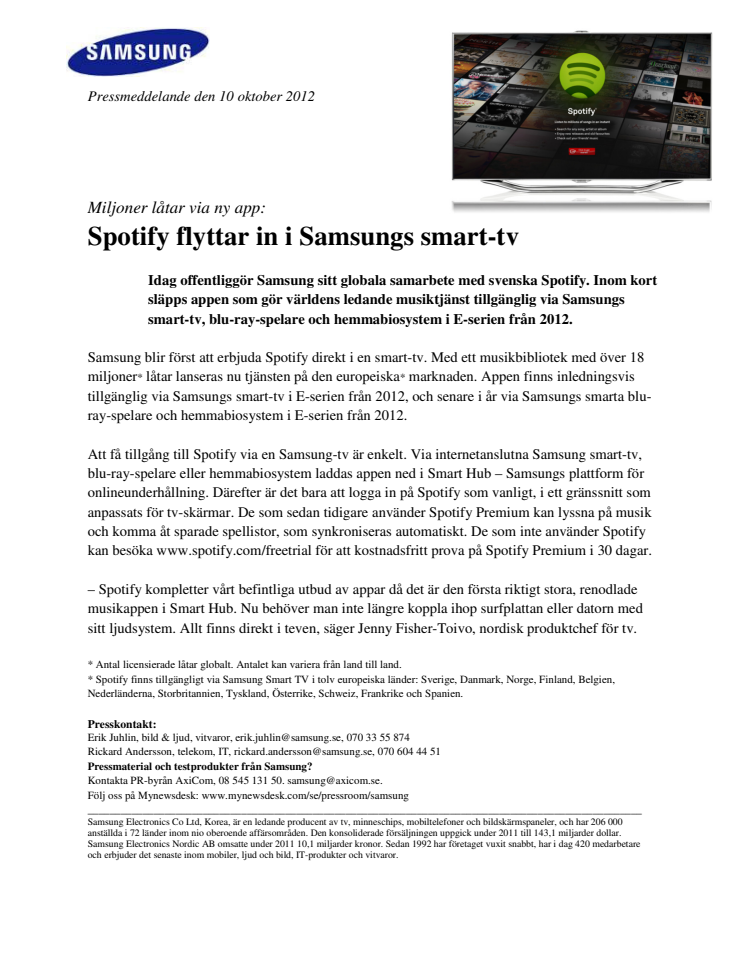 Miljoner låtar via ny app: Spotify flyttar in i Samsungs smart-tv