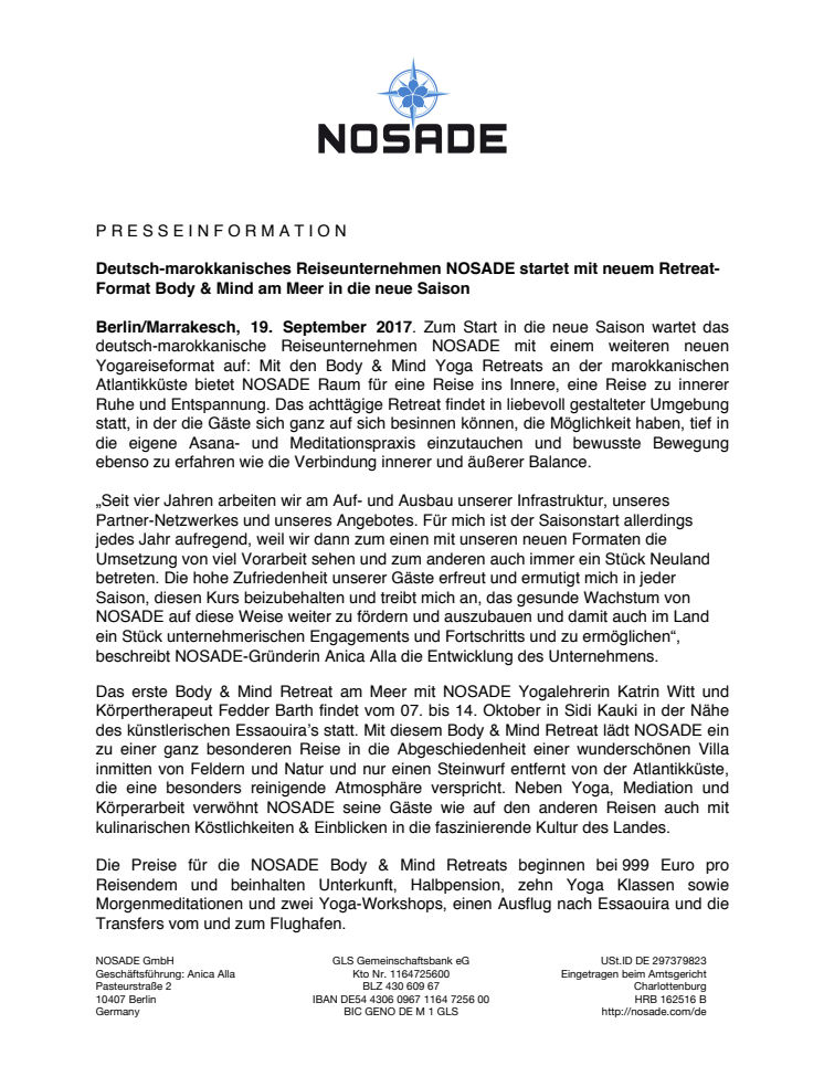 Deutsch-marokkanisches Reiseunternehmen NOSADE startet mit neuem Retreat-Format Body & Mind am Meer in die neue Saison  