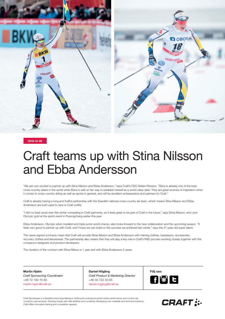 Craft teams up with Stina Nilsson and Ebba Andersson
