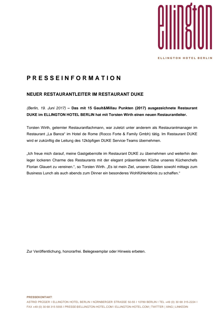 Neuer Restaurantleiter im Restaurant DUKE