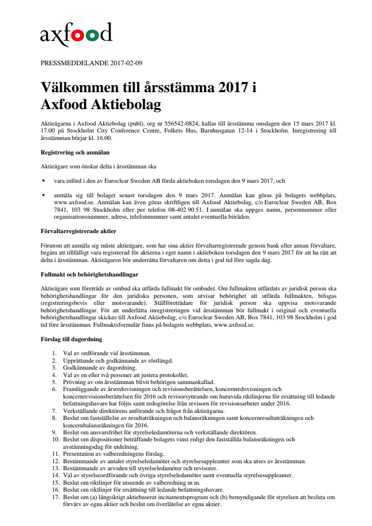 Välkommen till årsstämma 2017 i Axfood Aktiebolag