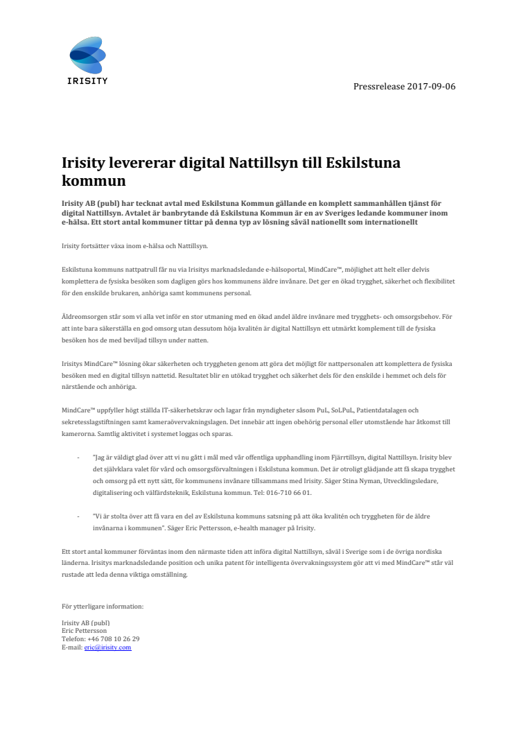 Irisity levererar digital Nattillsyn till Eskilstuna kommun