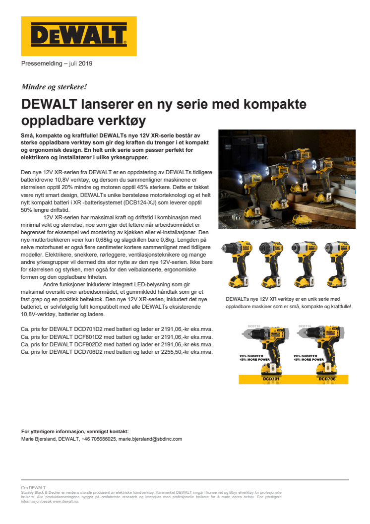DEWALT lanserer en ny 12V  XR-serie med kompakte oppladbare verktøy