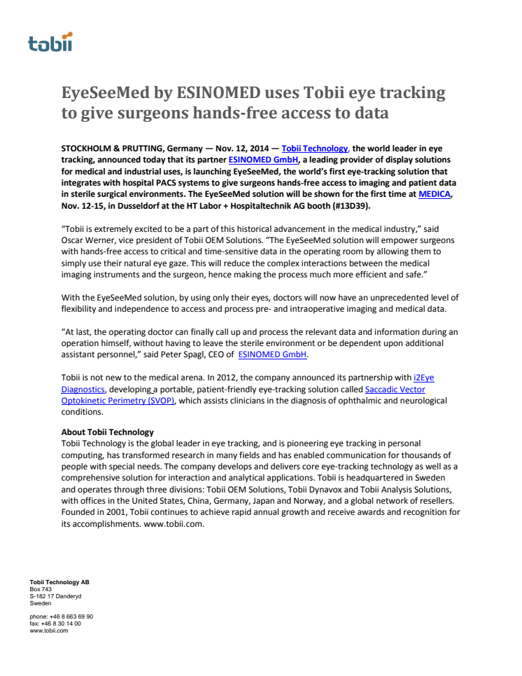 EyeSeeMed by ESINOMED uses Tobii eye tracking to give surgeons hands-free access to data