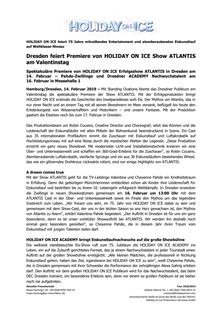 Dresden feiert Premiere von HOLIDAY ON ICE Show ATLANTIS am Valentinstag
