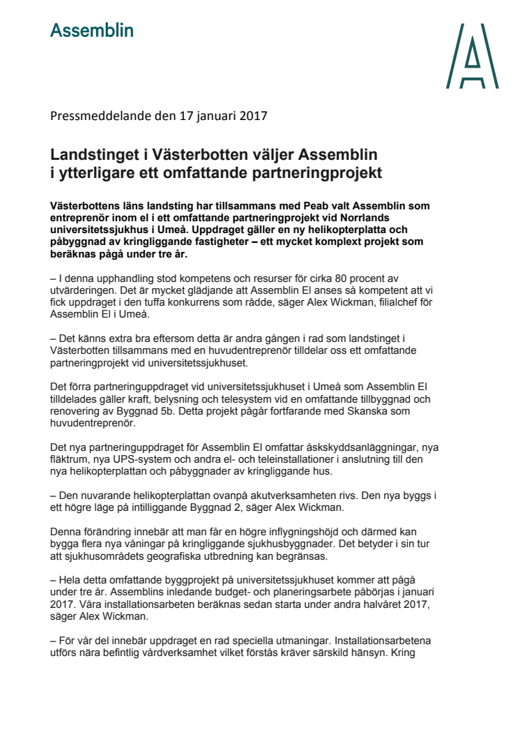 Landstinget i Västerbotten väljer Assemblin  i ytterligare ett omfattande partneringprojekt