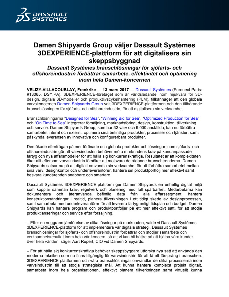 ​Damen Shipyards Group väljer Dassault Systèmes 3DEXPERIENCE-plattform för att digitalisera sin skeppsbyggnad