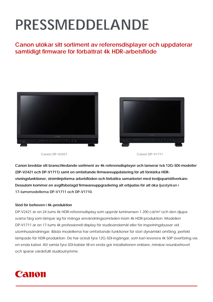 Canon utökar sitt sortiment av referensdisplayer och uppdaterar samtidigt firmware för förbättrat 4k HDR-arbetsflöde