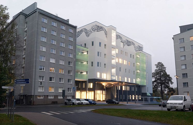 KYS_Psykiatriatalo_näkymä_Kaarisairaalaan3_kuva KYS Psykiatriatalo.jpg