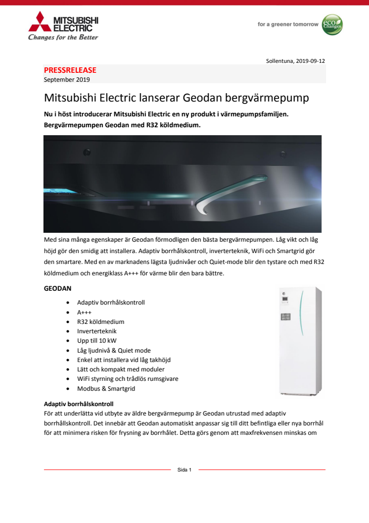 Mitsubishi Electric lanserar Geodan bergvärmepump