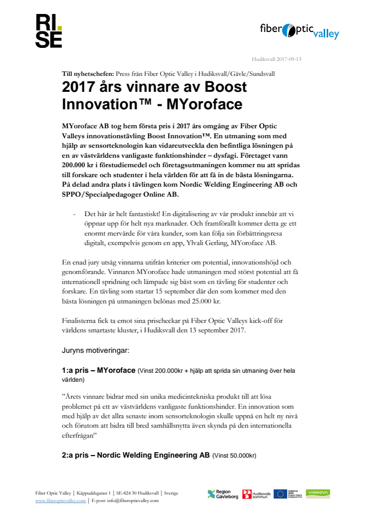 2017 års vinnare av Boost Innovation™ - MYoroface AB
