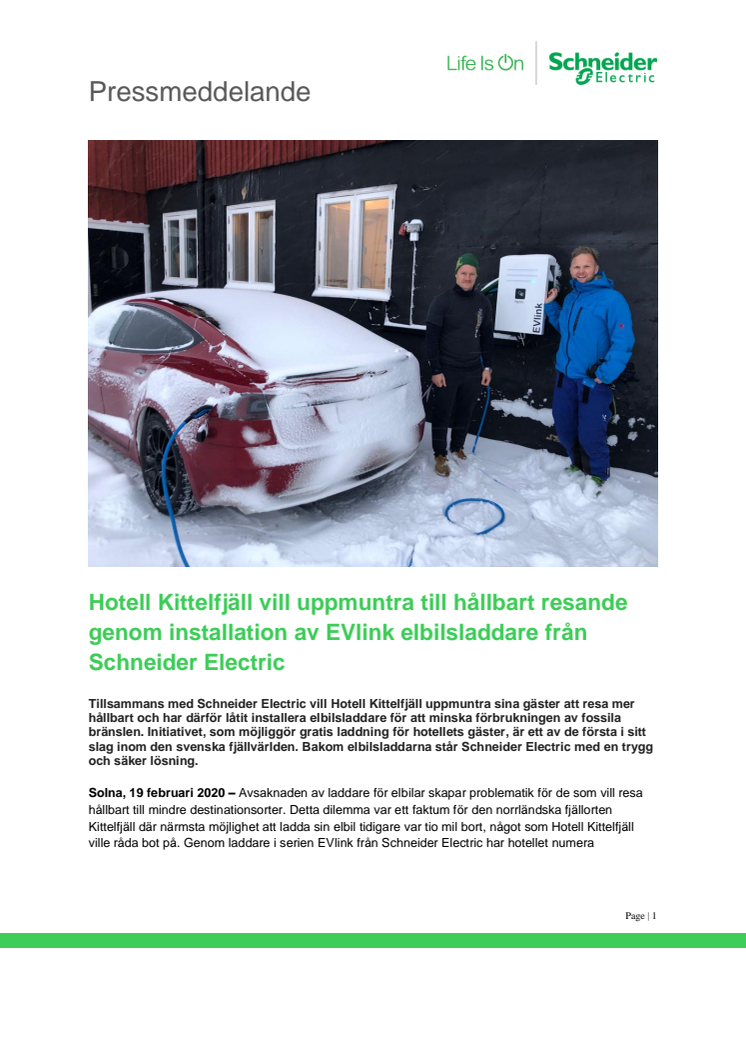 Hotell Kittelfjäll vill uppmuntra till hållbart resande genom installation av EVlink elbilsladdare från Schneider Electric