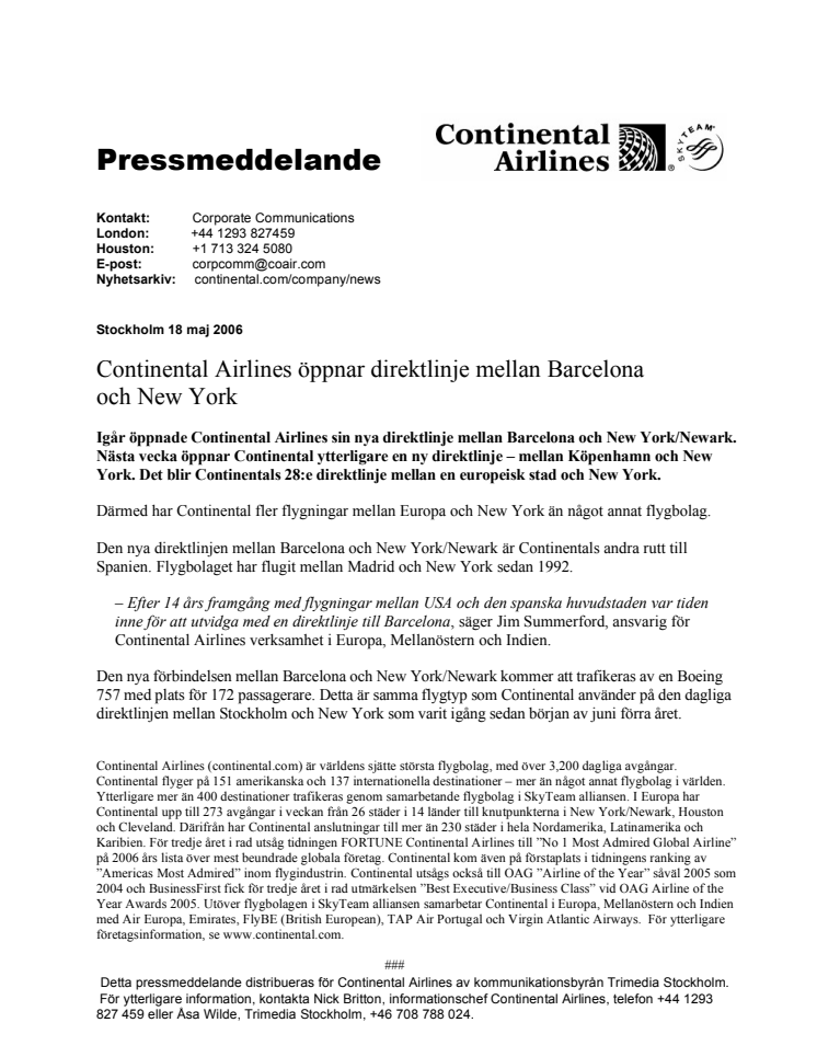 Continental Airlines öppnar direktlinje mellan Barcelona och New York