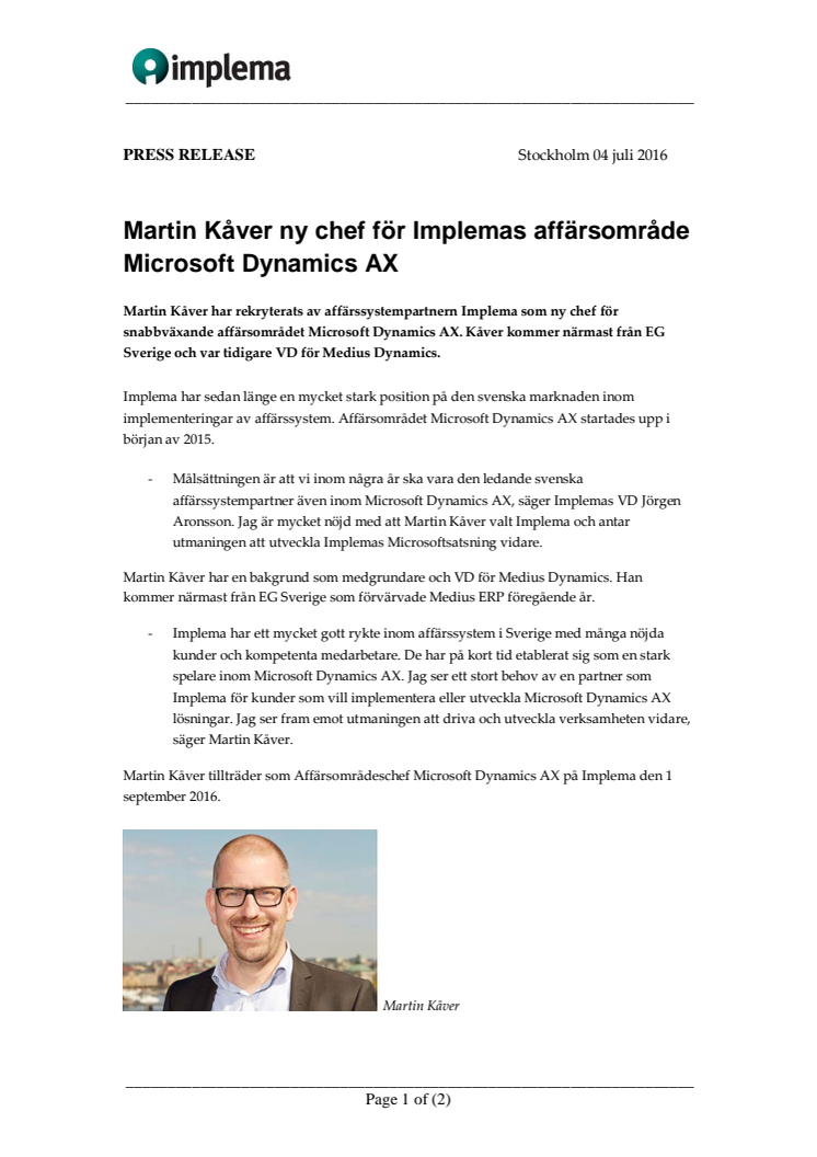 Martin Kåver ny chef för Implemas affärsområde Microsoft Dynamics AX