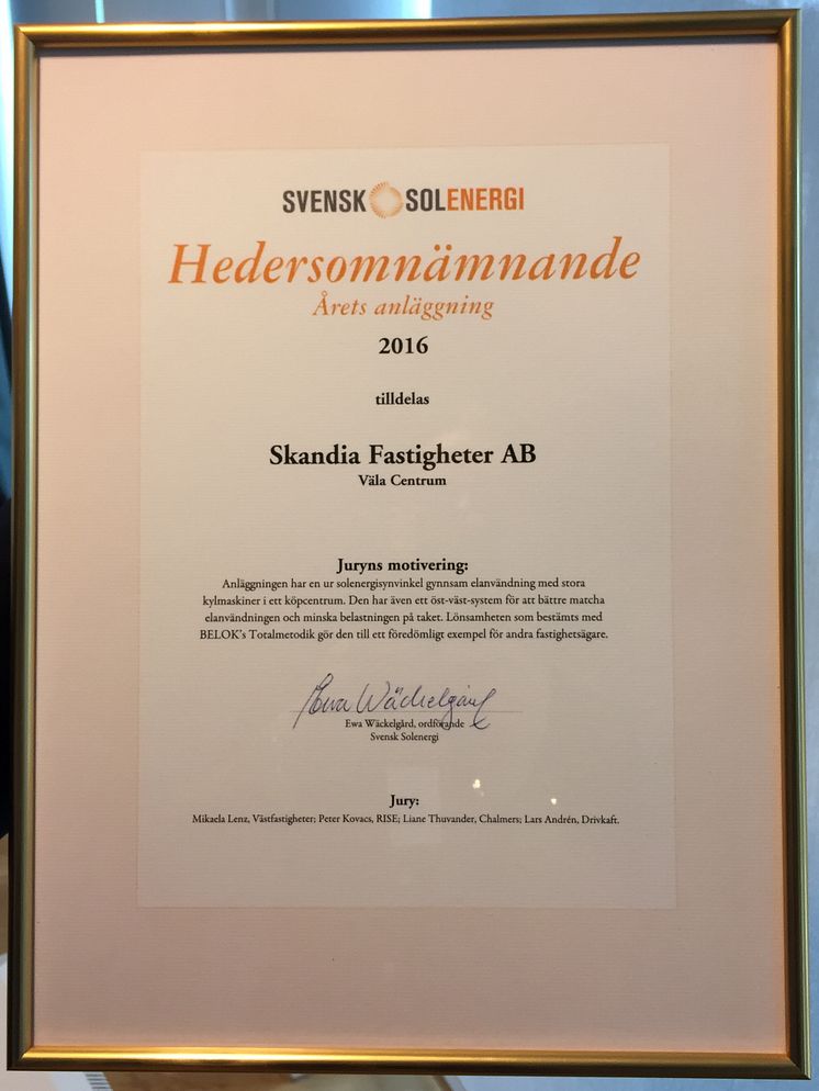 Hedersomnämnande Solenergipriset