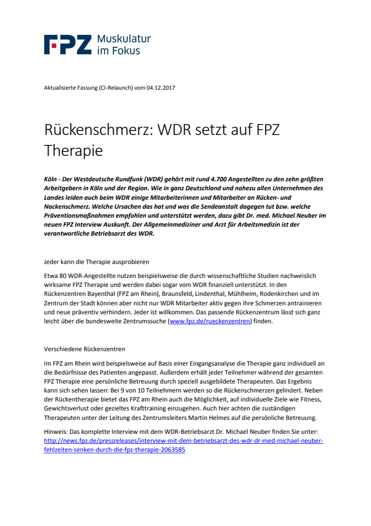 Rückenschmerz: WDR setzt u.a. auf FPZ Therapie