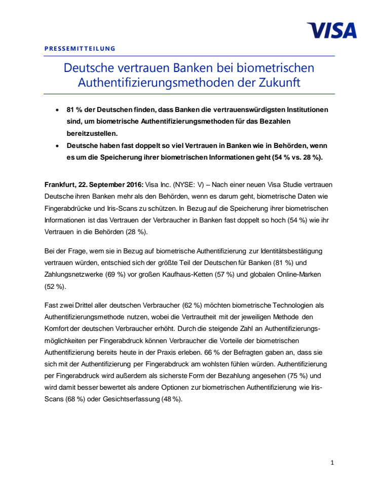 Deutsche vertrauen Banken bei biometrischen Authentifizierungsmethoden der Zukunft