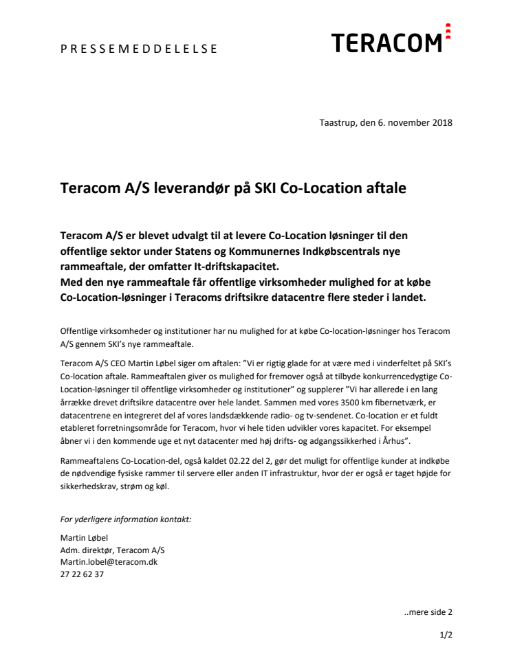 Teracom A/S leverandør på SKI's Co-location aftale