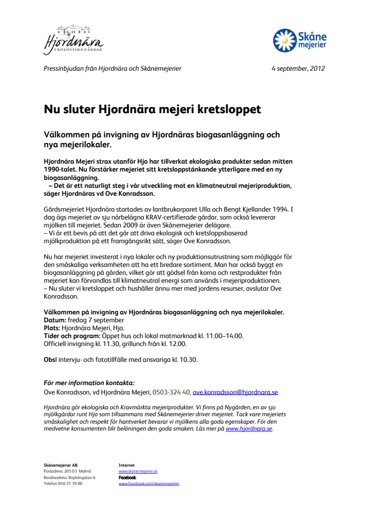 Hjordnära inviger biogasanläggning och nya mejerilokaler 7 september.