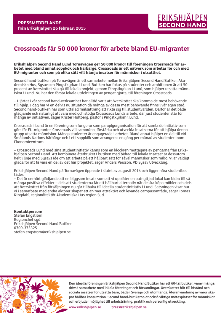 Crossroads får 50 000 för arbete bland EU-migranter
