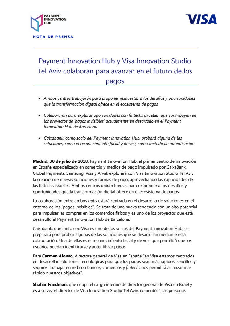 Payment Innovation Hub y Visa Innovation Studio  Tel Aviv colaboran para avanzar en el futuro de los pagos 