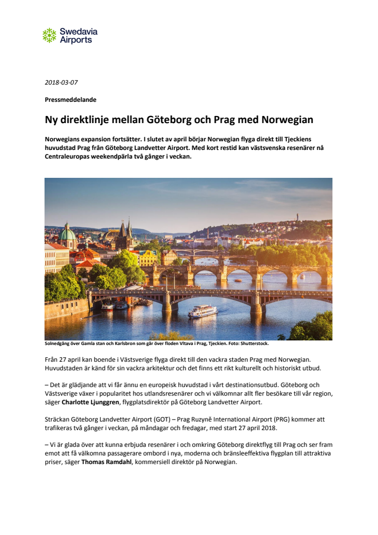 Ny direktlinje mellan Göteborg och Prag med Norwegian