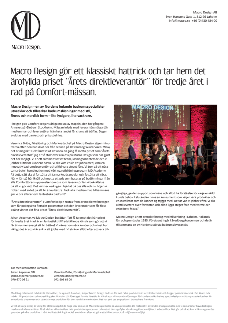 Macro Design gör ett klassiskt hattrick och tar hem det ärofyllda priset “Årets direktleverantör” för tredje året i rad på Comfort-mässan.