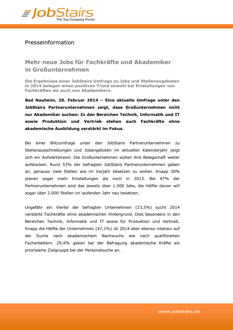Mehr neue Jobs für Fachkräfte und Akademiker in Großunternehmen