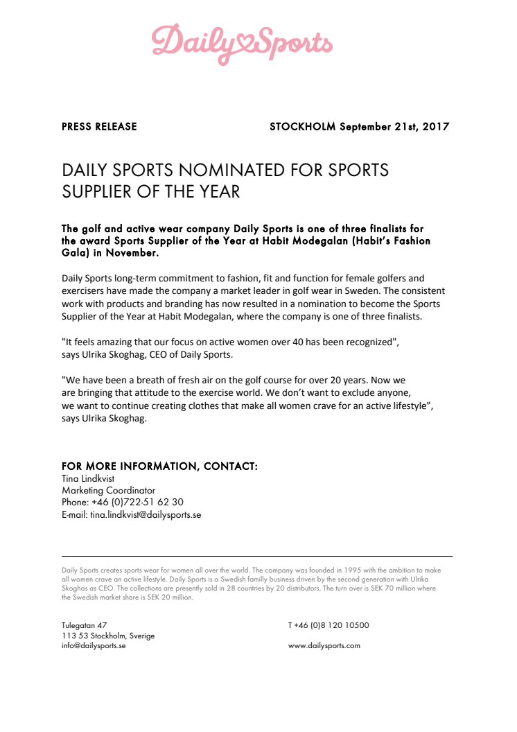 DAILY SPORTS NOMINATED FOR SPORTS SUPPLIER OF THE YEAR
