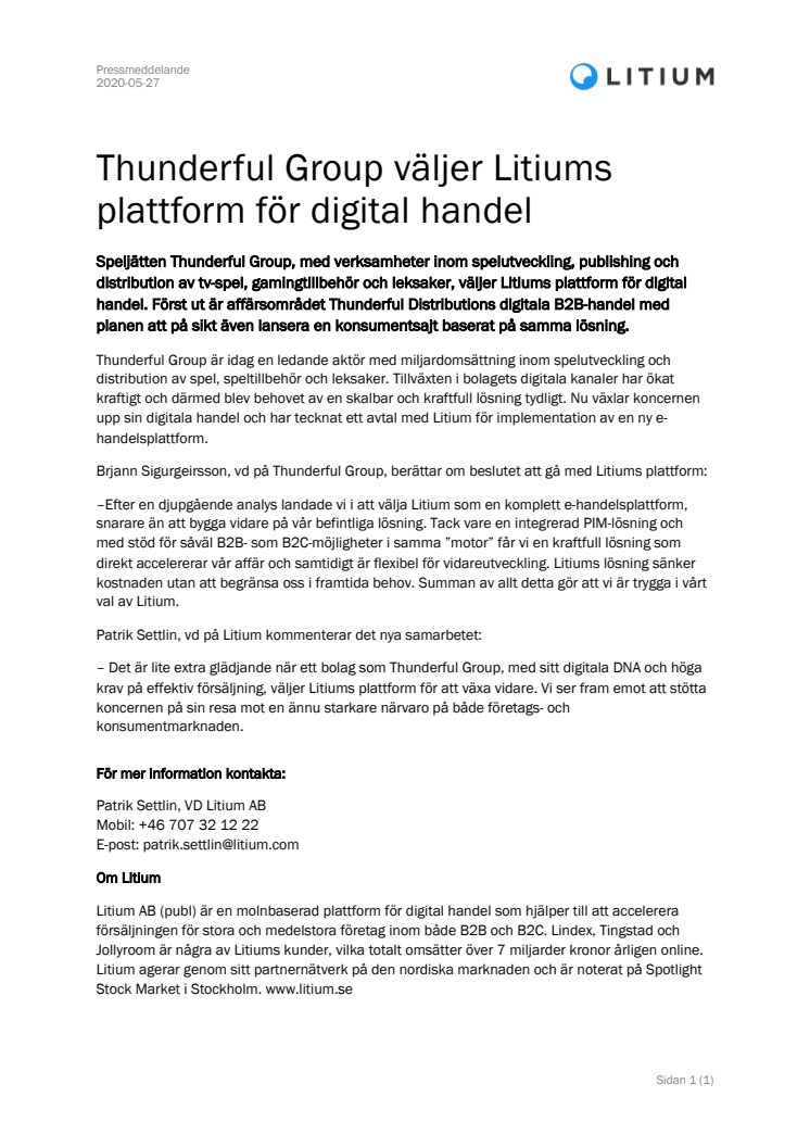 Thunderful Group väljer Litiums plattform för digital handel