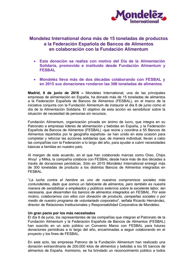 Mondelez International dona más de 15 toneladas de productos  a la Federación Española de Bancos de Alimentos  en colaboración con la Fundación Alimentum 