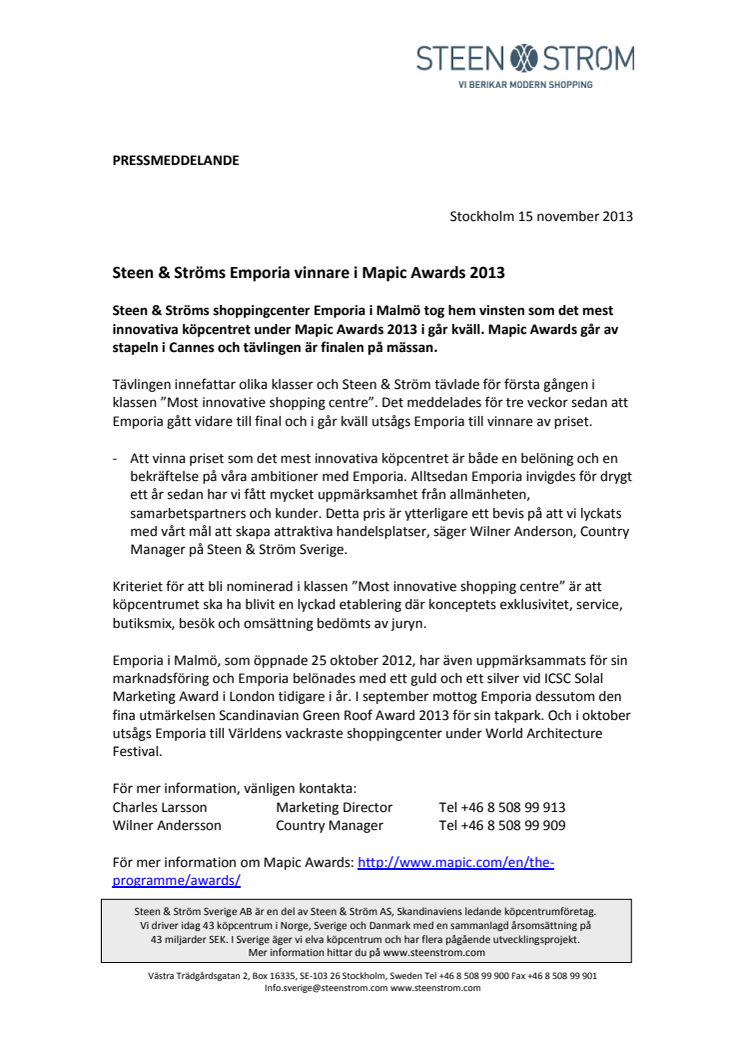 Steen & Ströms Emporia vinnare i Mapic Awards 2013