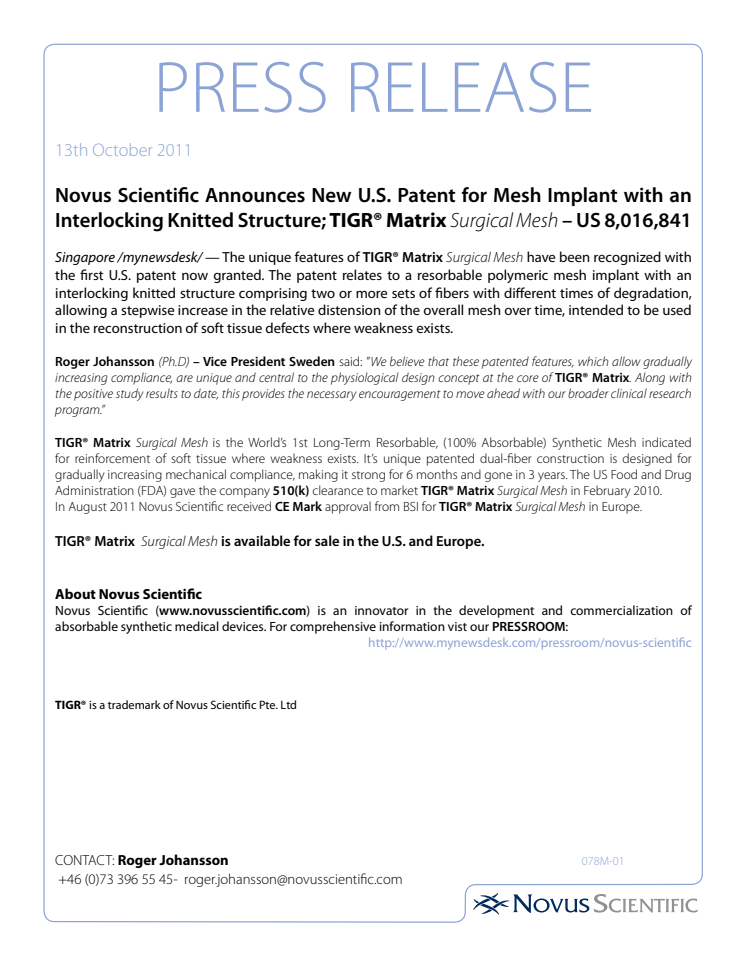 Novus Scientific Announces New U.S. Patent for Mesh Implant with an Interlocking Knitted Structure; TIGR® Matrix Surgical Mesh – US 8,016,841