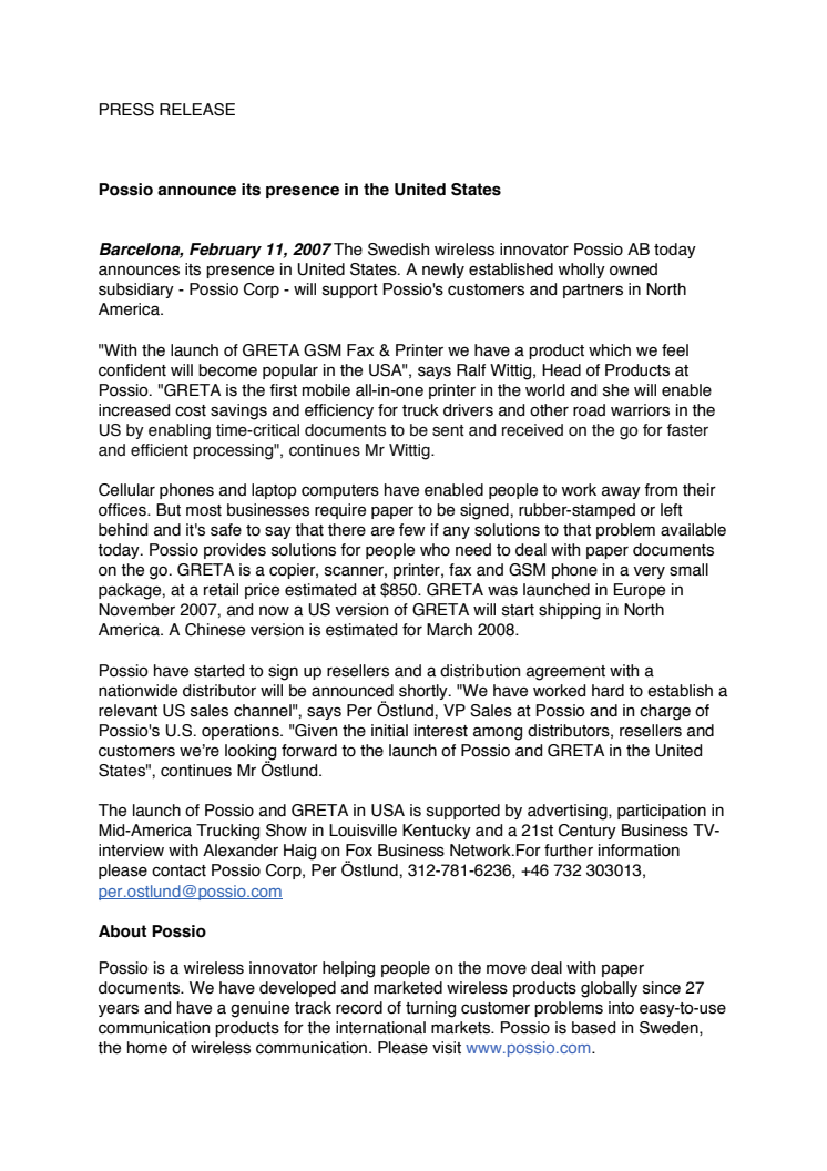 Possio announce its presence in the United States
