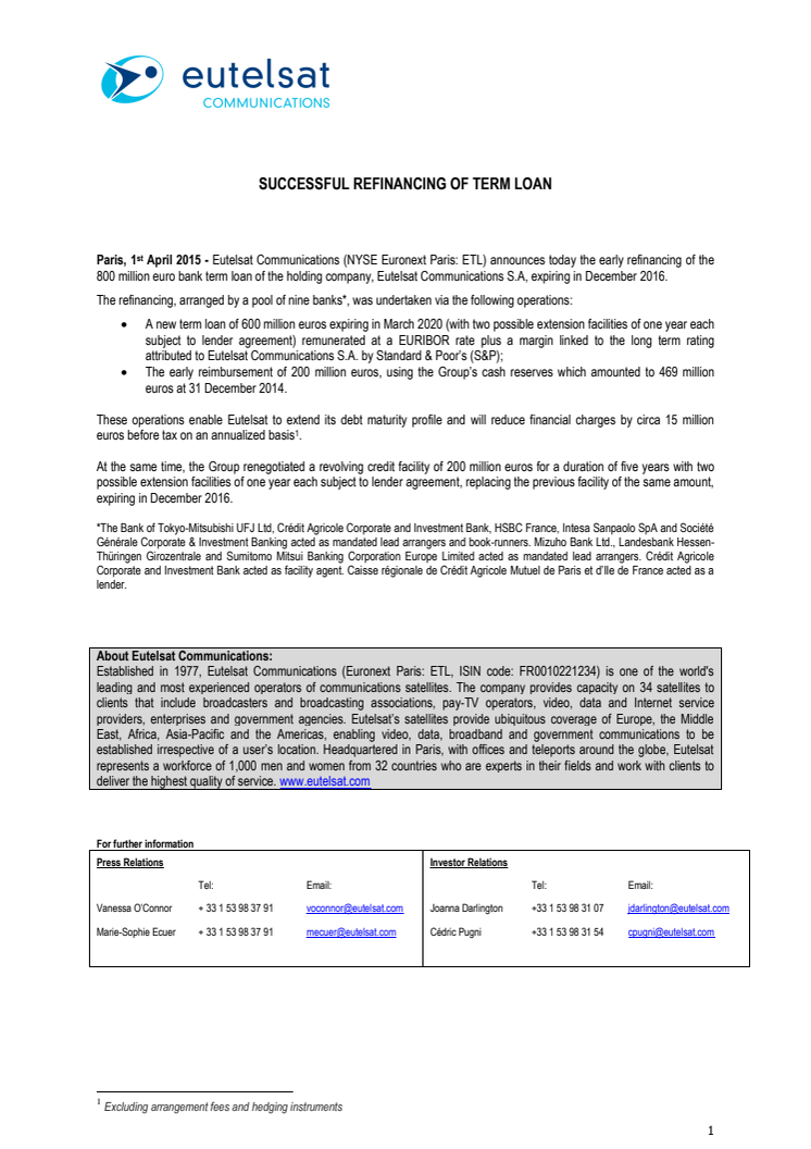 SUCCESSFUL REFINANCING OF TERM LOAN 