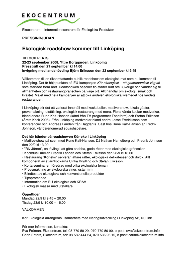 Pressinbjudan - Ekologisk roadshow till Linköping 22-23/9. OBS Stora Torget
