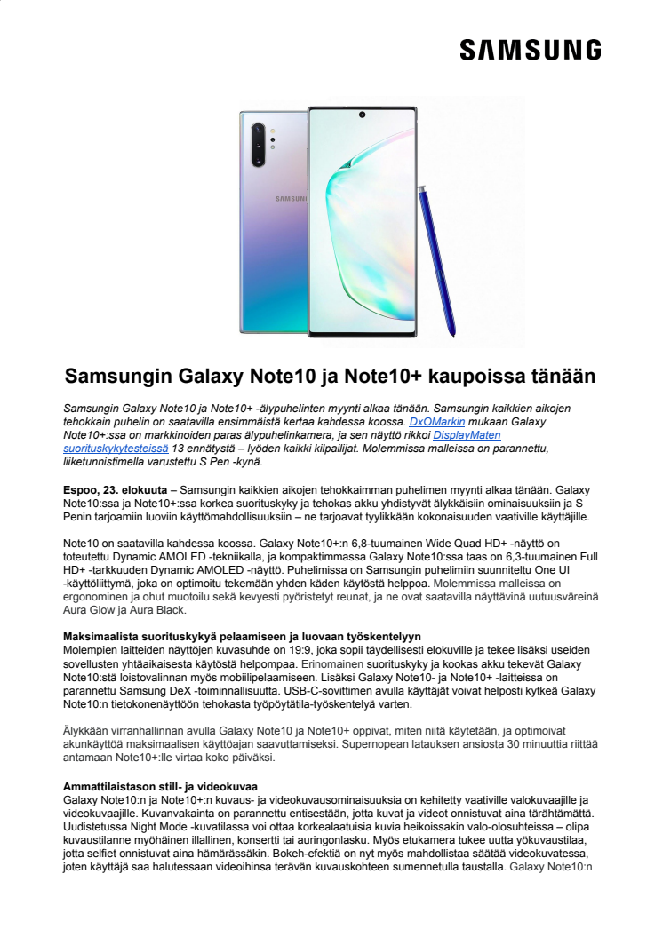Samsungin Galaxy Note10 ja Note10+ kaupoissa tänään