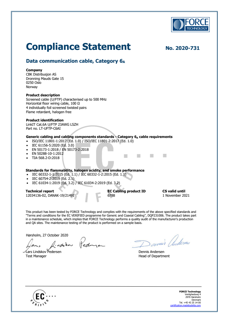 OEM Sertifikat Cat.6a (Force Technology)