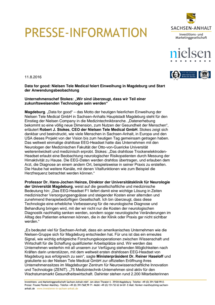 PRESSEMITTEILUNG mit Foto: Data for good: Nielsen Tele Medical feiert Einweihung in Magdeburg und Start der Anwendungsbeobachtung 