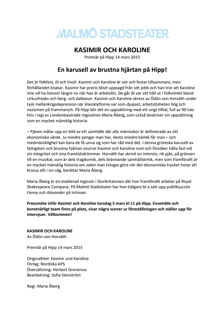 Inbjudan till pressmöte för KASIMIR OCH KAROLINE