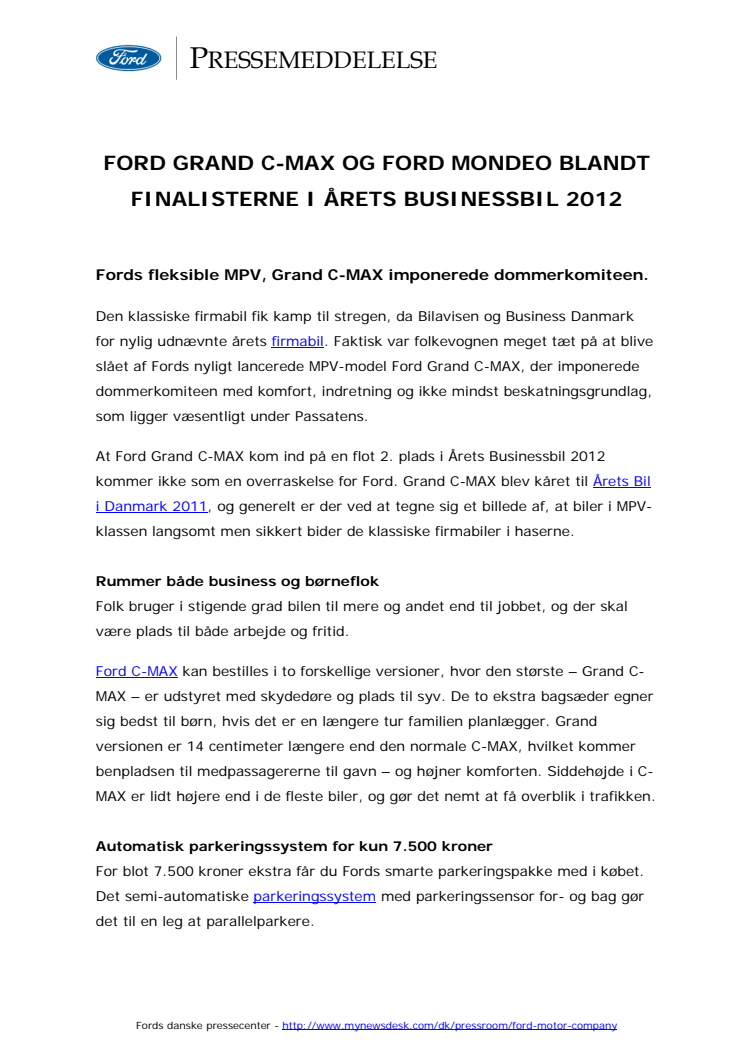 FORD GRAND C-MAX OG FORD MONDEO BLANDT FINALISTERNE I ÅRETS BUSINESSBIL 2012 