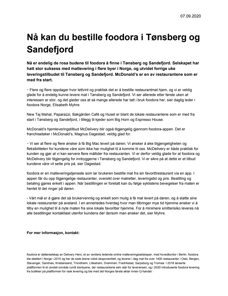 Nå kan du bestille foodora i Tønsberg og Sandefjord