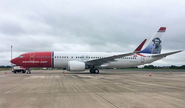 Norwegian's 737MAX aircraft with Tom Crean tail fin at Belfast International Airport